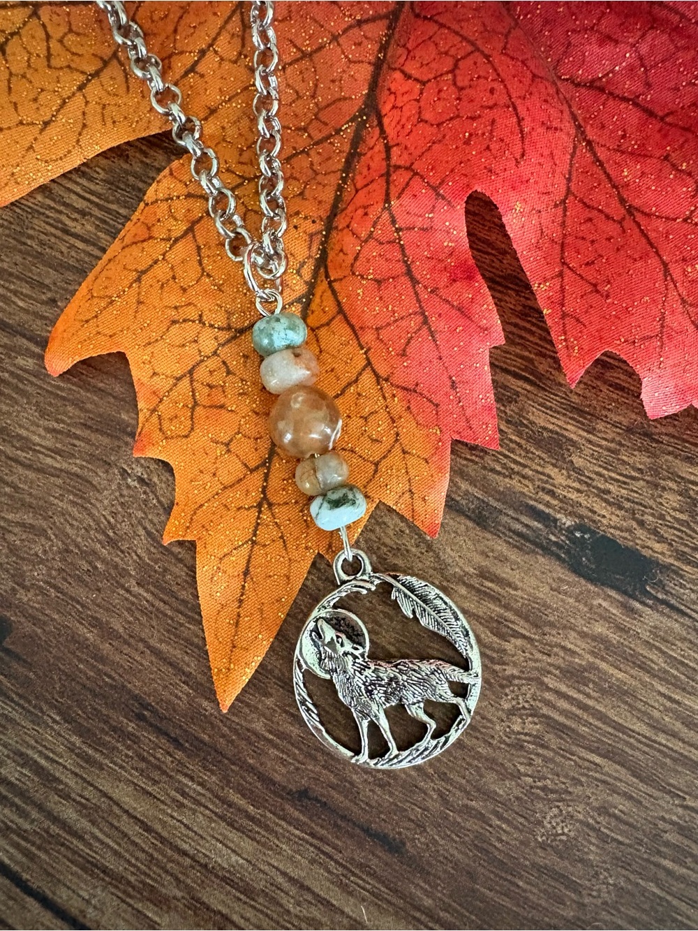 Silver Colored Wolf Pendant Necklace with Autumn Colored Gemstone Beads